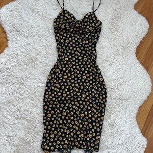 Satin sunflower black midi dress